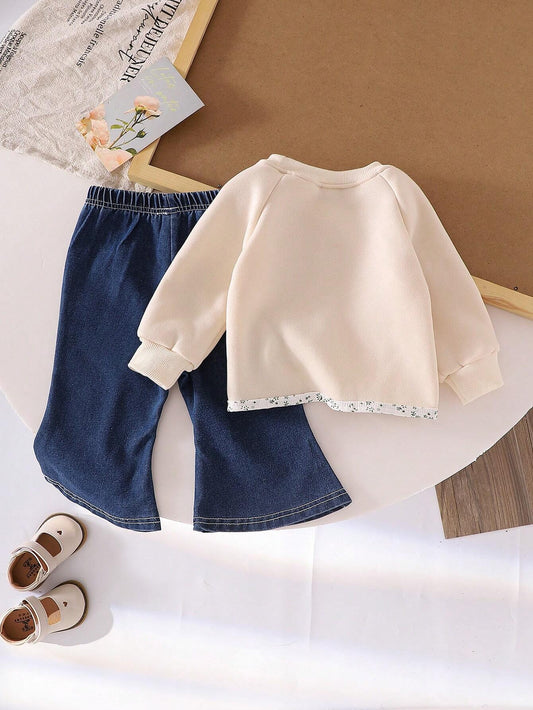 2pcs Baby Girl Ditsy Floral Sweatshirt With Embroidered Graphic And Denim Pants