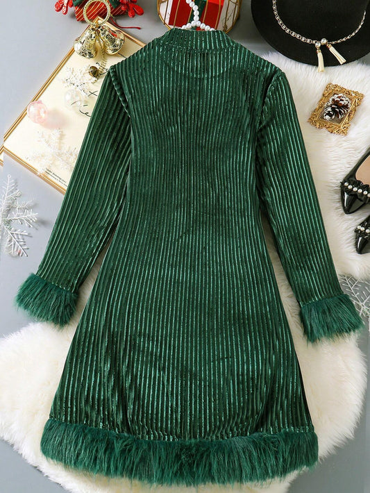 Teen Girl Casual Long Sleeve Turtleneck Knitted Korean Striped Straight Dress With Fluffy Cuffs And Hem