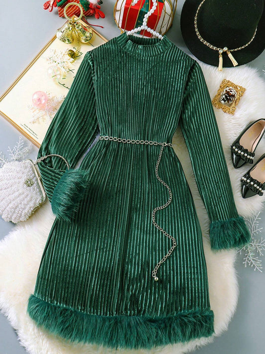 Teen Girl Casual Long Sleeve Turtleneck Knitted Korean Striped Straight Dress With Fluffy Cuffs And Hem