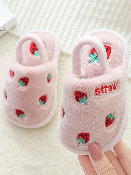 A Pair Of Fashionable And Cute Strawberry Embroidery Decorated Non Slip Warm Slippers