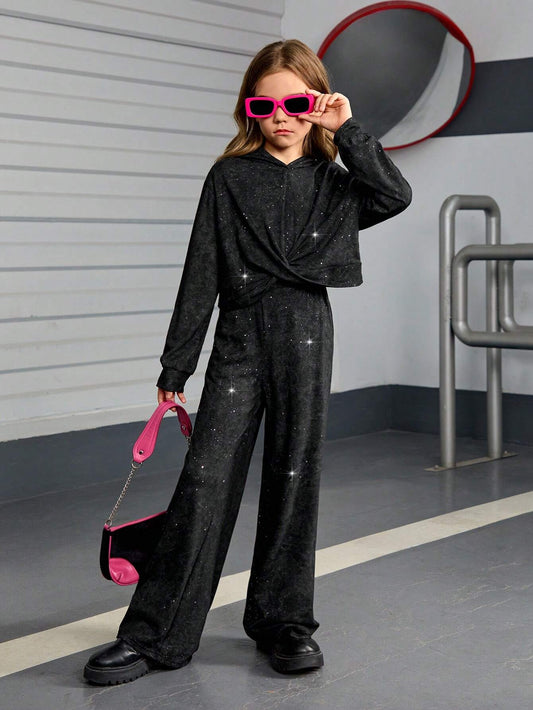 2pcs Tween Girl Loose Casual Minimalist Comfortable Hooded Sweatshirt And Sweatpants Set With Star Sequins