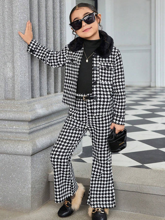 Streecool Kids Toddler Girls Elegant Chic Turndown Collar Houndstooth Fuzzy Jacket + Houndstooth Flare Pants