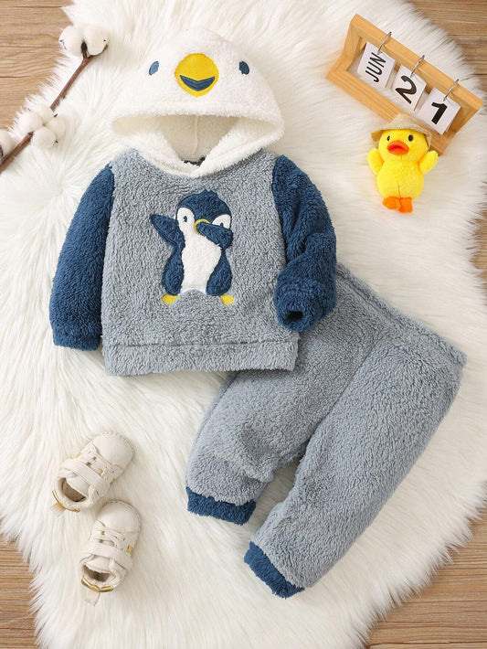 2pcs/Set Baby Boy Cute Penguin Embroidered Hoodie And Fleece Pajama Pants