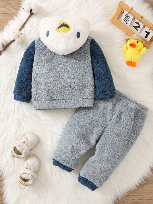 2pcs/Set Baby Boy Cute Penguin Embroidered Hoodie And Fleece Pajama Pants