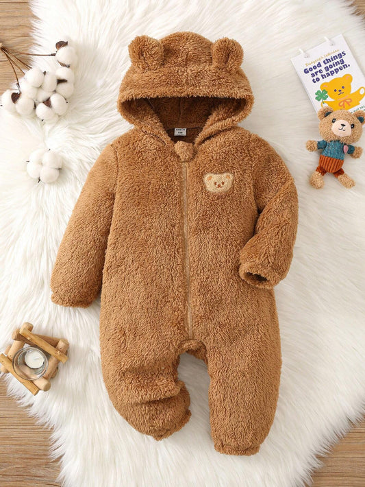 Baby Girl Cute Bear Decorated Hooded Zip Front Fuzzy Jumpsuit