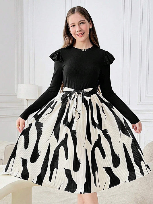 Teen Girls Puffed Sleeve Knitted Splicing Geometric Print Elegant Party Midi Dress