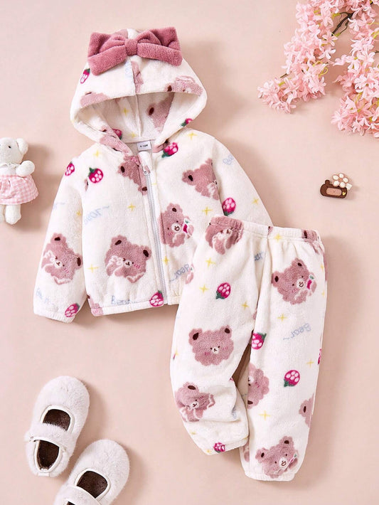 2pcs Baby Girls' Cute Bear Letter, Strawberry, Star Plush Hoodie Top And Pants Outfit