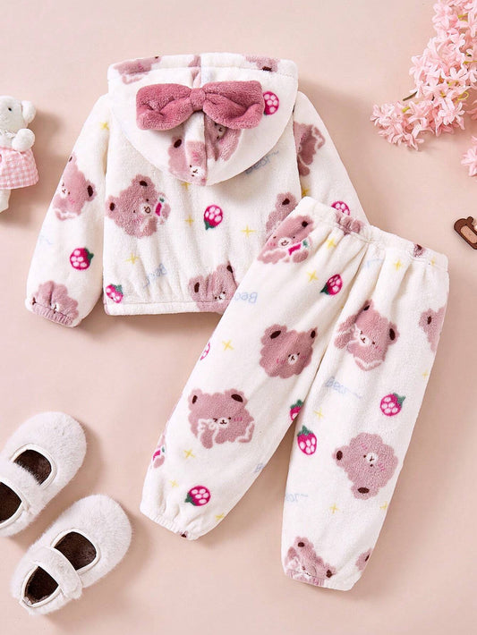 2pcs Baby Girls' Cute Bear Letter, Strawberry, Star Plush Hoodie Top And Pants Outfit