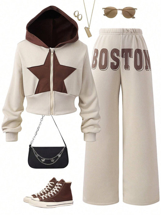 2pcs/Set Girls Casual Embroidered Star Long Sleeve Two Piece Set