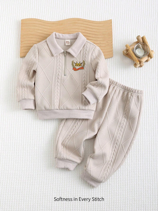 Cozy Pixies 2pcs/Set Baby Boy Floral & Letter Print Polo Collar Long Sleeve Top And Elastic Cuff Pants Outfit