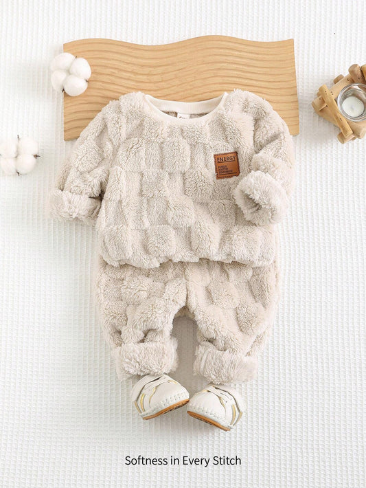 Cozy Pixies 2pcs Baby Boy Cute Bear Graphic Double-Sided Fleece Round Neck Raglan Sweatshirt And Jogger Pants Set