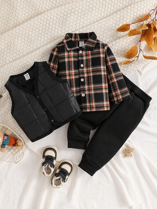 3pcs Baby And Toddler Boys Winter Outfit Plaid Shirt & Vest Coat & Pants