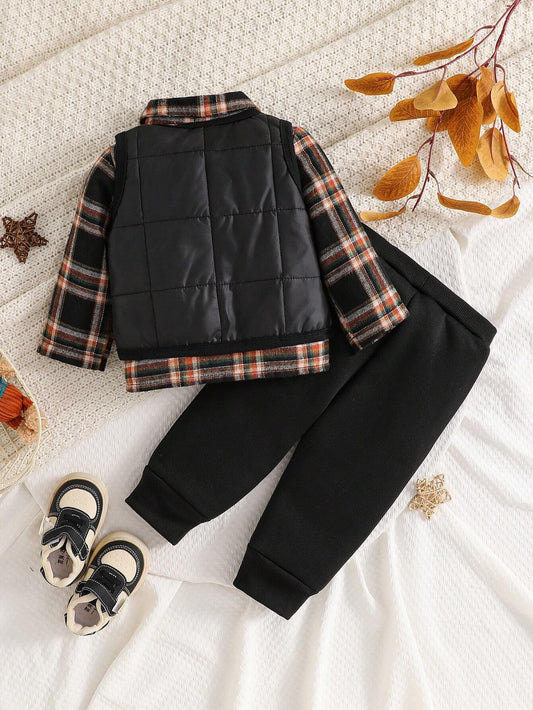 3pcs Baby And Toddler Boys Winter Outfit Plaid Shirt & Vest Coat & Pants