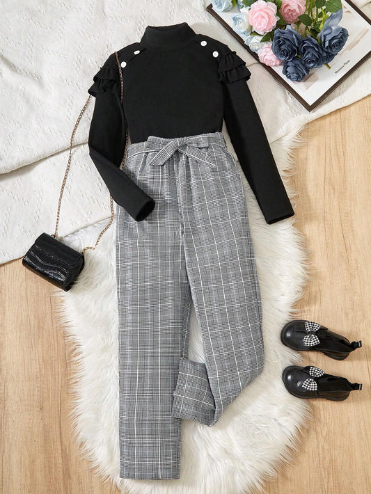 2pcs Set: Black Half Turtleneck Cap Sleeve Detail Blouse And Plaid Print Casual Pants