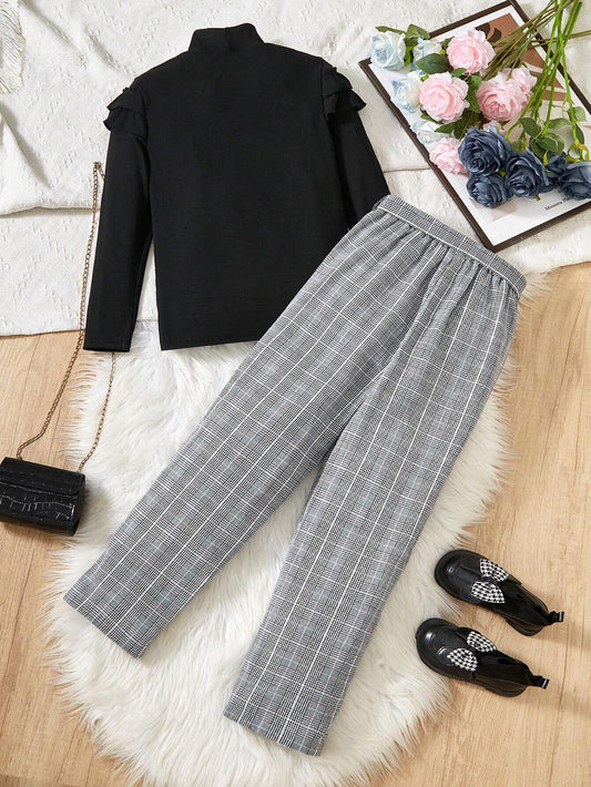 2pcs Set: Black Half Turtleneck Cap Sleeve Detail Blouse And Plaid Print Casual Pants