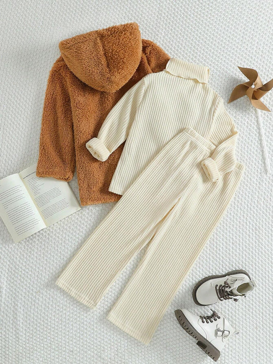 3pcs/Set Young Girl Korean Style Fashion Casual Outfit - Turtleneck Knit Top + Straight Leg Knit Pants + Hooded Knitted Long Cardigan