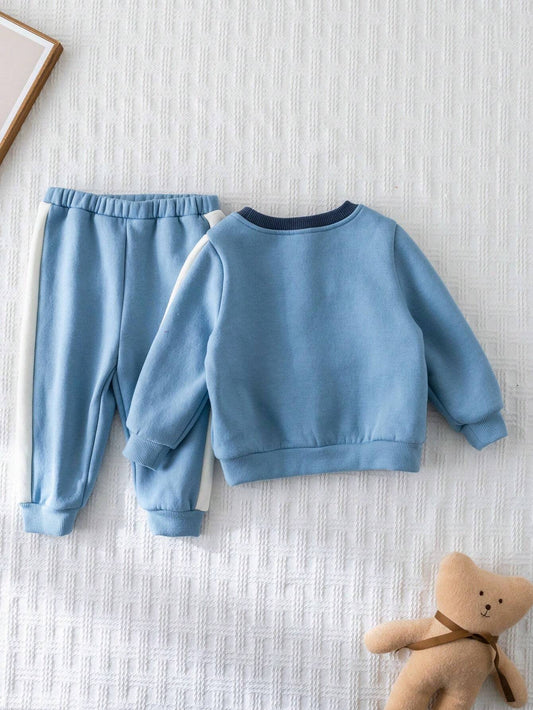 Cozy Pixies 2pcs Baby Boy Contrast Color Soft Knit Crew Neck Long Sleeve Sweatshirt And Jogger Pants Set