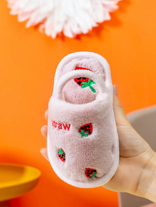 A Pair Of Fashionable And Cute Strawberry Embroidery Decorated Non Slip Warm Slippers