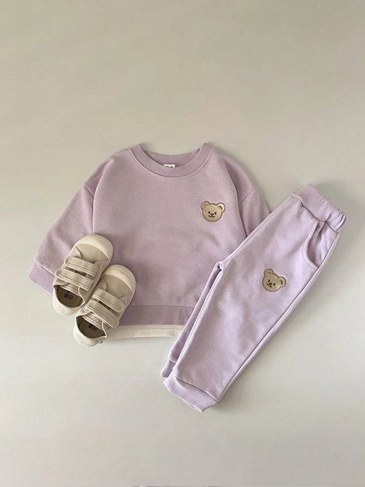 2pcs Baby Girls' Cartoon Bear Embroidered Casual Long Sleeve Sweatshirt And Sports Pants Set