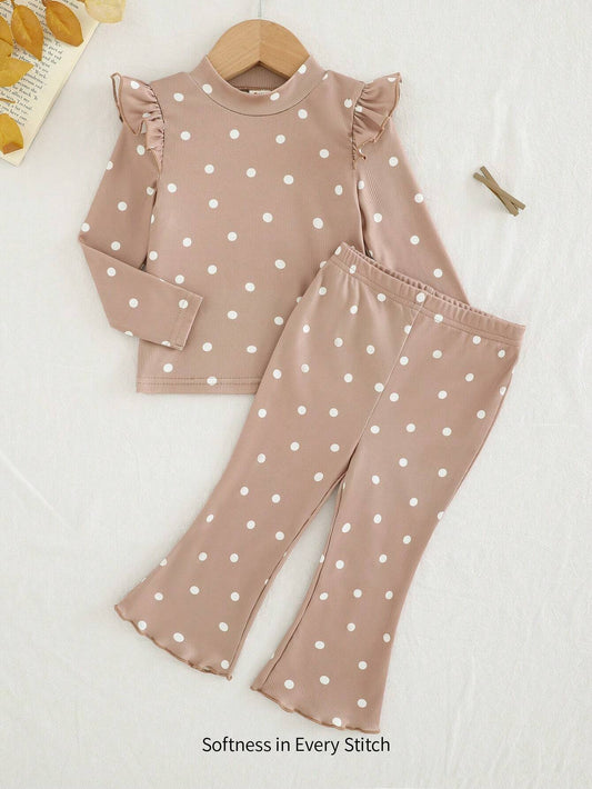 Cozy Pixies 2pcs Baby Girl Polka Dot Pattern Ruffle Collar Long Sleeve Pullover Top And Wide Leg Pants Set