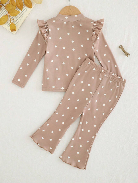 Cozy Pixies 2pcs Baby Girl Polka Dot Pattern Ruffle Collar Long Sleeve Pullover Top And Wide Leg Pants Set