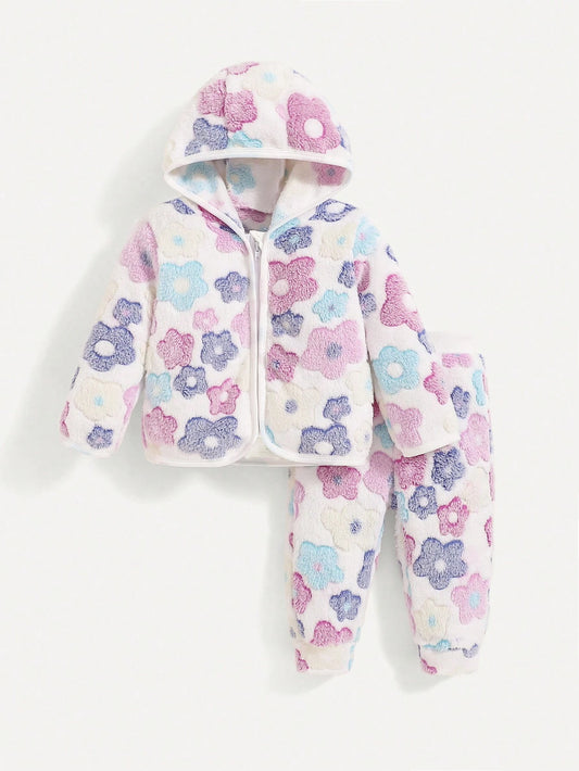 Baby Girls Cozy Floral Hooded Jacket And Pants Set - Casual Outfit For Indoor And Outdoor