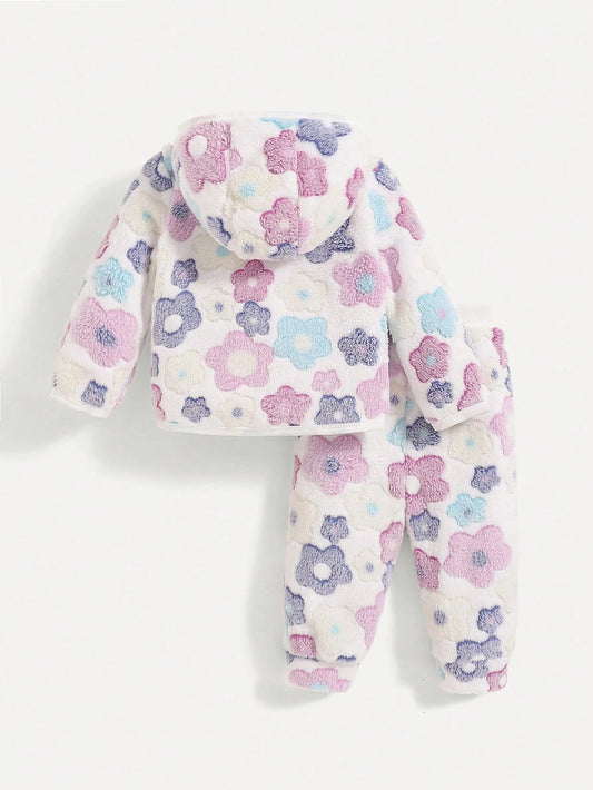 Baby Girls Cozy Floral Hooded Jacket And Pants Set - Casual Outfit For Indoor And Outdoor