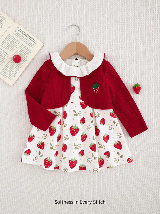 Cozy Pixies 2pcs Baby Girl Set: Strawberry Pattern Long Sleeve Crew Neck Cardigan & Cherry Pattern Ruffle Hem Waist Crew Neck Dress