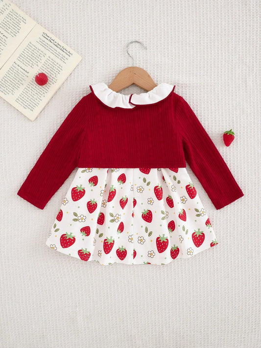 Cozy Pixies 2pcs Baby Girl Set: Strawberry Pattern Long Sleeve Crew Neck Cardigan & Cherry Pattern Ruffle Hem Waist Crew Neck Dress