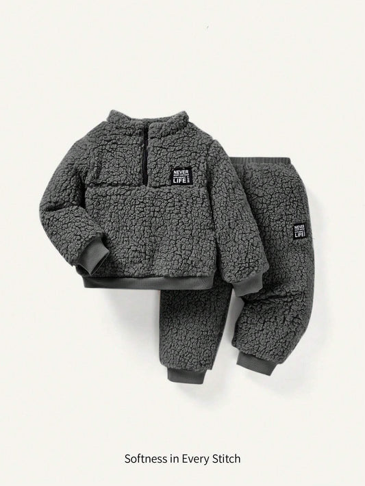 Cozy Pixies Baby Boy 2pcs Thickened Winter Outfit Set: Mock Neck Sweatshirt And Fleece Lined Pants