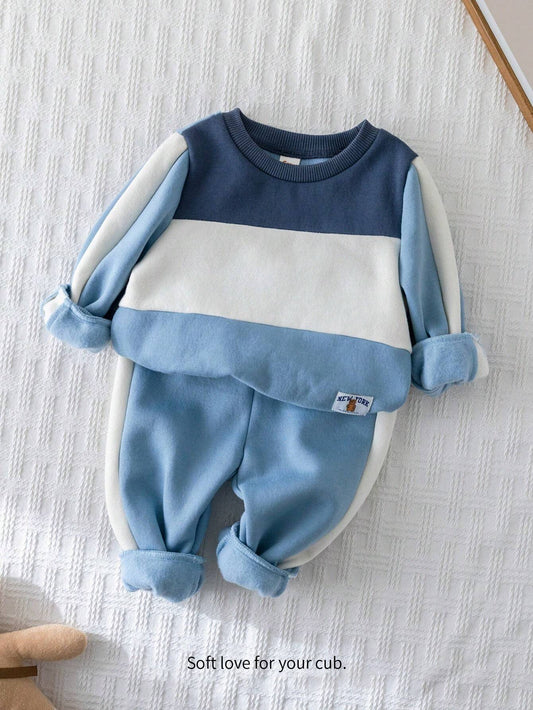 Cozy Pixies 2pcs Baby Boy Contrast Color Soft Knit Crew Neck Long Sleeve Sweatshirt And Jogger Pants Set