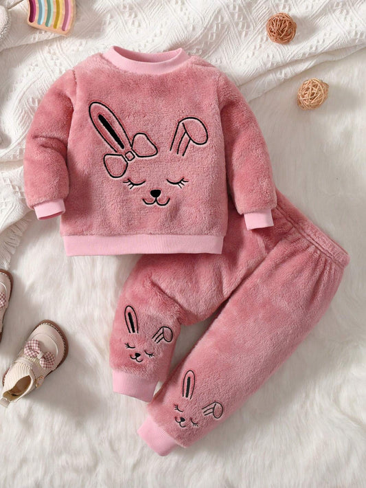 Baby Girl Cartoon Embroidery Flannel Sweatshirt & Pants