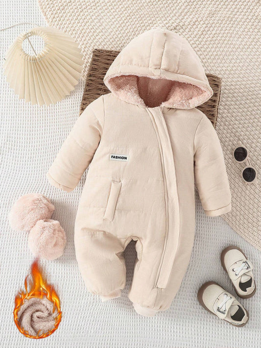 Baby Girls Fashion Casual Plush Hooded Jumpsuit With Attached Mittens