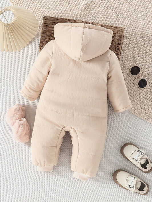 Baby Girls Fashion Casual Plush Hooded Jumpsuit With Attached Mittens