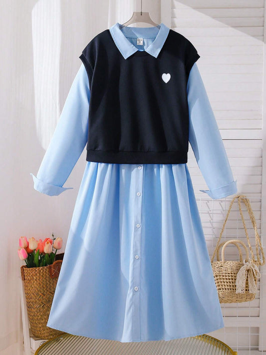 2pcs/Set Teen Girl Casual College Style Solid Woven Shirt Dress And Short Sweatshirt And Casual Tank Top Set