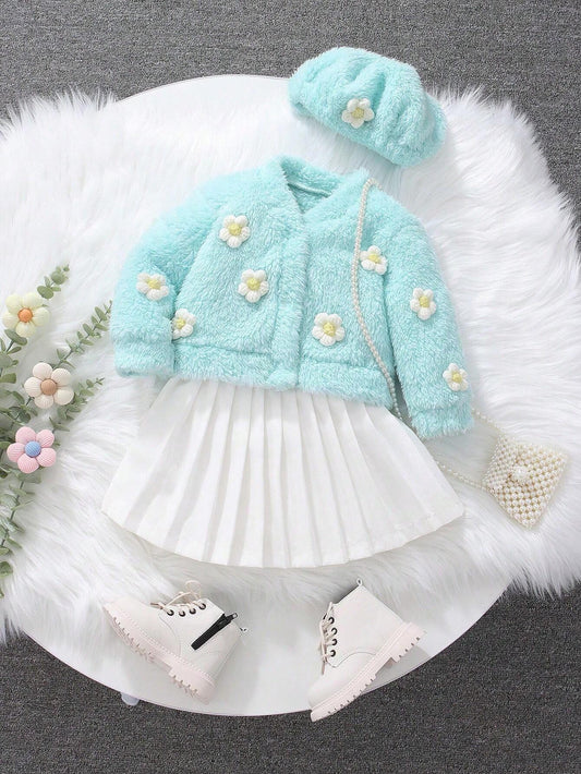 3pcs Baby Girls' Fall/Winter Outfit: Plush 3D Crochet Flower Jacket, Pleated Skirt, And Plush Beret