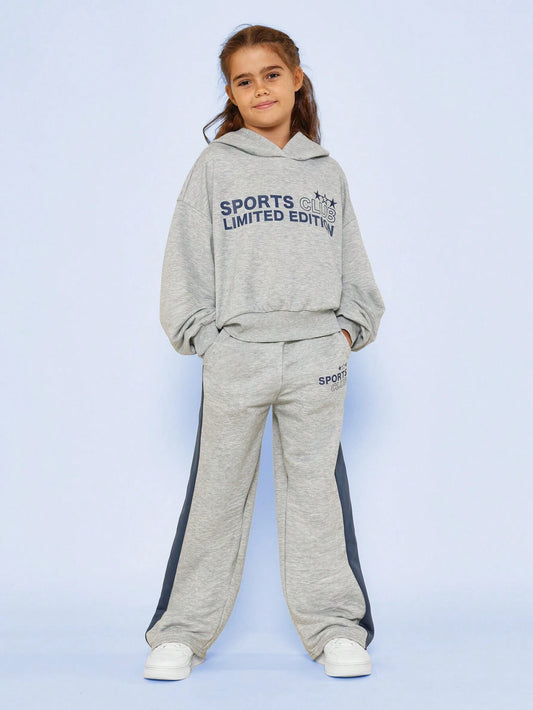 SUMWON Tween Girls Overhead Hoodie And Contrast Colour Straight Fit Pant With Graphic Print 2 Piece Set