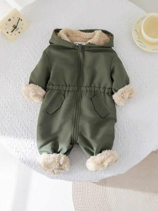 Newborn Baby Girl Outdoor Fleece Lined Hooded Jumpsuit