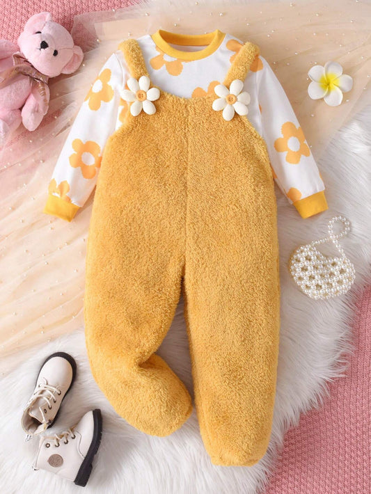 2pcs Girls Casual Floral Print Drop Shoulder Long Sleeve Sweatshirt And Plush Flower Solid Color Loose Overalls Suspender Pants Set