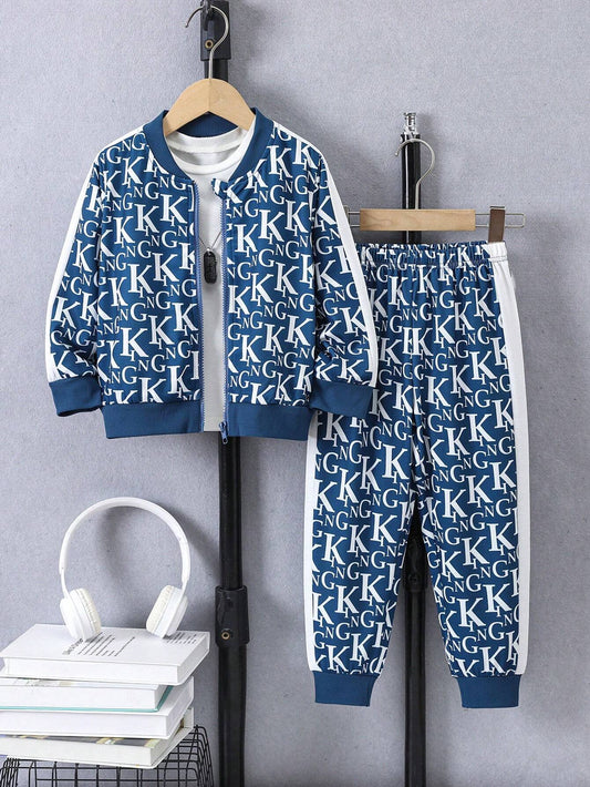 2pcs/Set Boys Letter Printed Zipper Jacket And Elastic Waist Pants