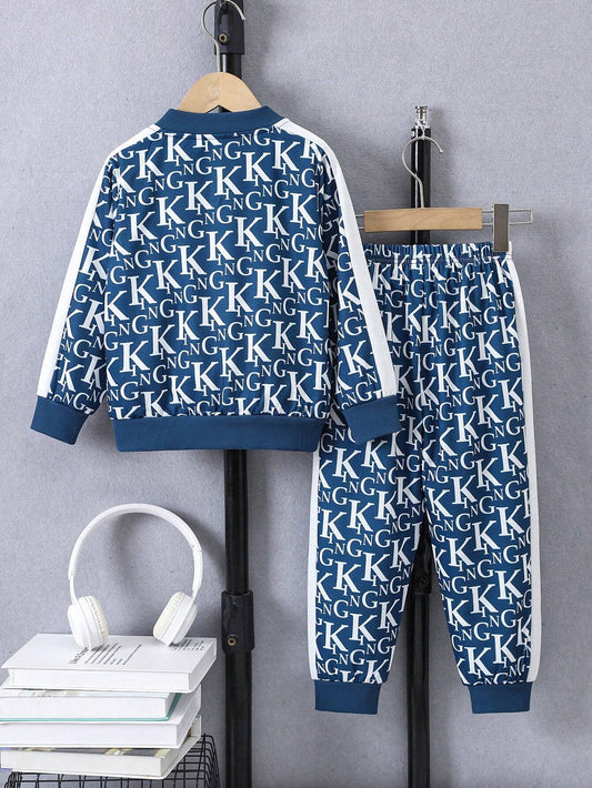 2pcs/Set Boys Letter Printed Zipper Jacket And Elastic Waist Pants