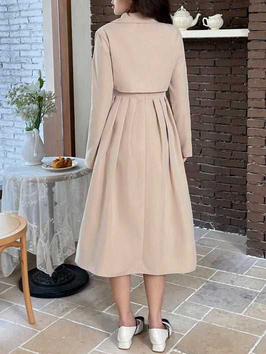 Elegant Vintage Pleated Midi Dress With Suspender And Retro Collared Short Jacket