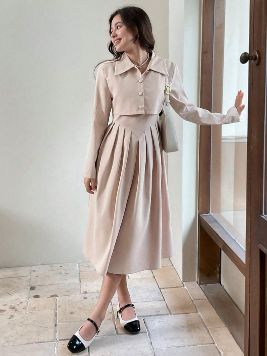 Elegant Vintage Pleated Midi Dress With Suspender And Retro Collared Short Jacket