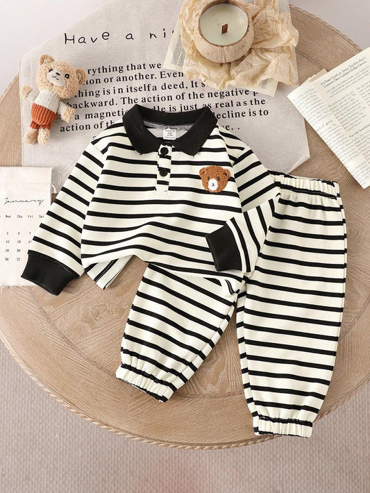 Genkimix Kids Baby Boy/Girl Spring/Autumn Casual Travel Outfit! Featuring A Fresh Striped Design With An Applique Bear Collar Top