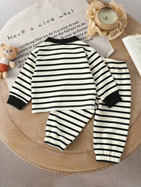 Genkimix Kids Baby Boy/Girl Spring/Autumn Casual Travel Outfit! Featuring A Fresh Striped Design With An Applique Bear Collar Top