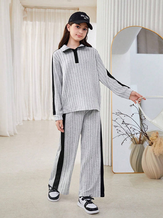 2pcs Tween Girl Casual Chic Commuter Trendy Fleece Lined Broad Striped Half-Zip Sweatshirt And Pants Set