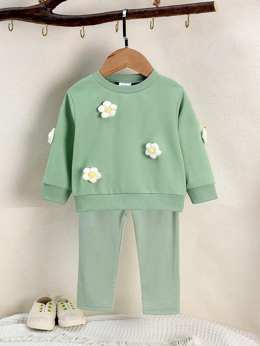 2pcs Baby Girls' Cute Floral 3D Embellished Long Sleeve Sweatshirt & Pants Set