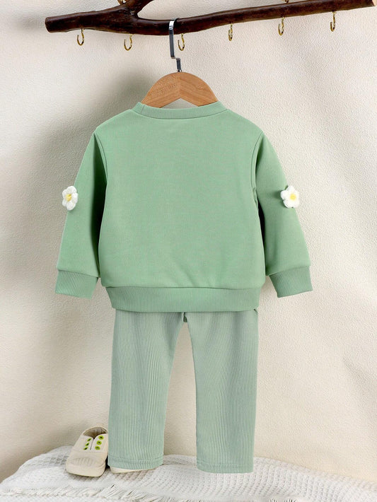 2pcs Baby Girls' Cute Floral 3D Embellished Long Sleeve Sweatshirt & Pants Set