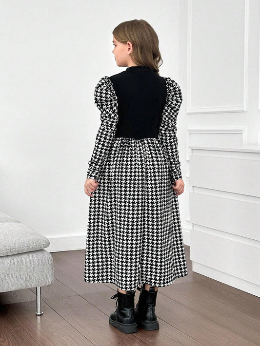 Tween Girls Mock Neck Leg-Of-Mutton Sleeve Houndstooth Print Gigot Sleeve Dress