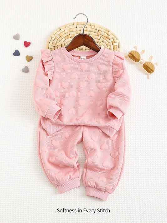 Cozy Pixies 2pcs Baby Girls Solid Color Knitted Ruffle Crew Neck Long Sleeve Pullover Sweatshirt And Elastic Waist Long Pants Set